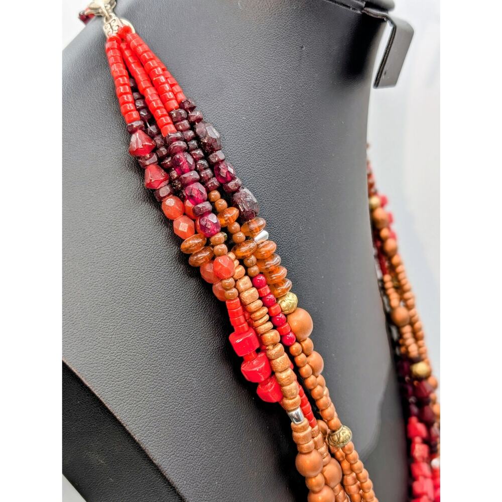 Chico's Five Strand Red Gold Silver Bronze Purple Stone Bead 22"-26" Necklace - Picture 4 of 11